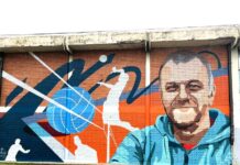 Mural sa likom nastavnika Nenada Grujića oslikan na zidu fiskulturne sale OŠ “Filip Filipović“